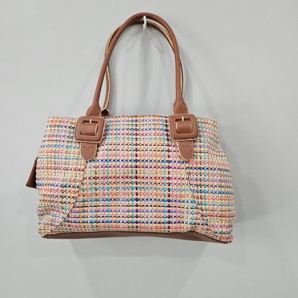 Liz Claiborne Rainbow Woven Straw Satchel Bag Multicolor Brown Trim Y2K